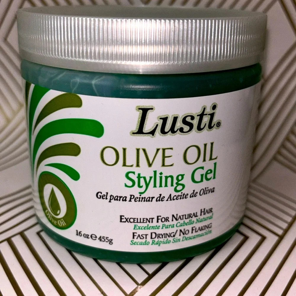 LUSTI OLIVE OIL STYLING GEL. Excellent fast drying and no flaking.
